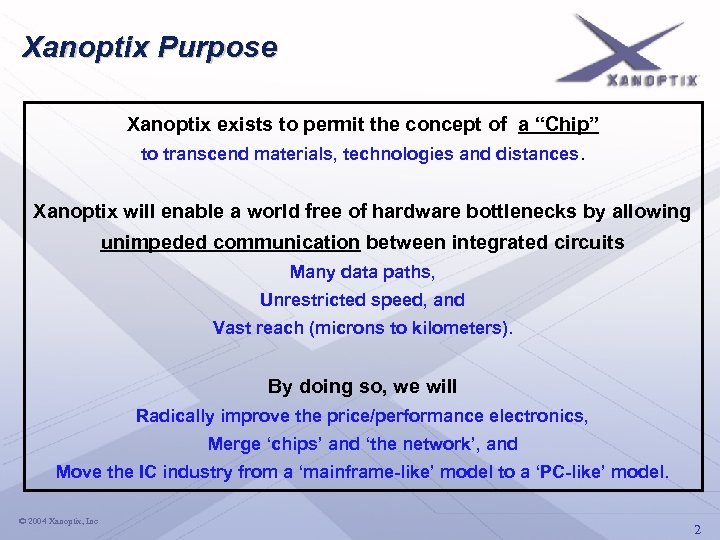 Xanoptix Purpose Xanoptix exists to permit the concept of a “Chip” to transcend materials,