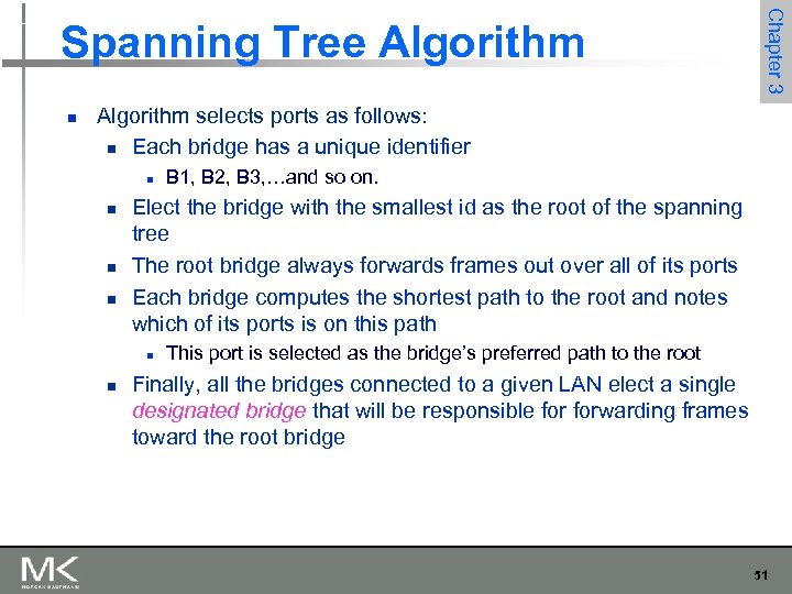 n Chapter 3 Spanning Tree Algorithm selects ports as follows: n Each bridge has