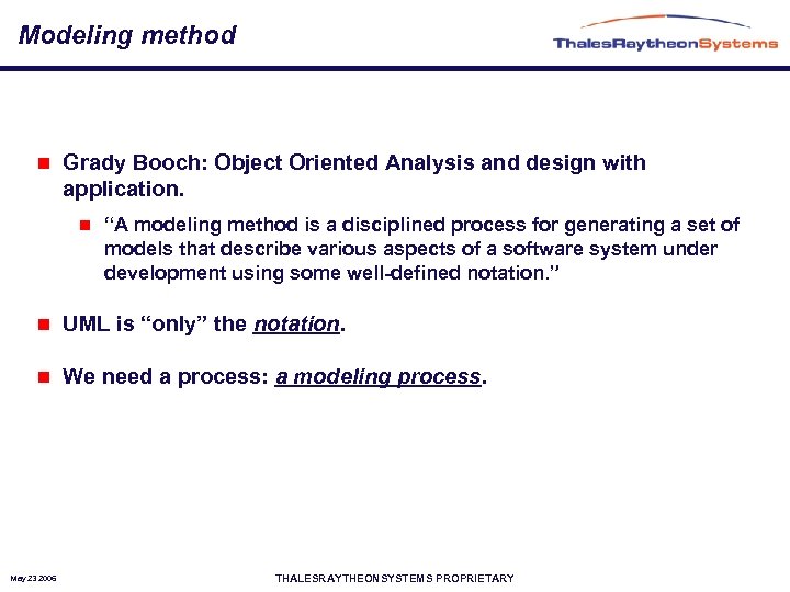 Modeling method n Grady Booch: Object Oriented Analysis and design with application. n “A