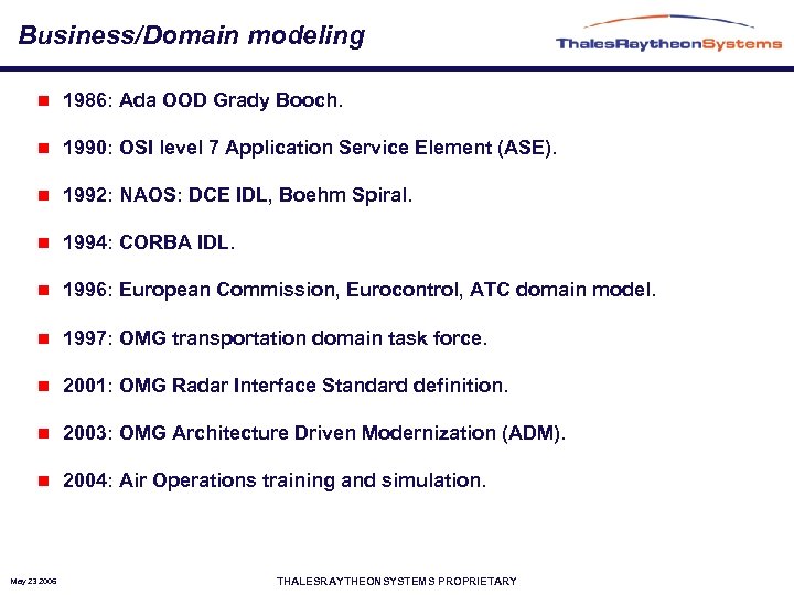 Business/Domain modeling n 1986: Ada OOD Grady Booch. n 1990: OSI level 7 Application