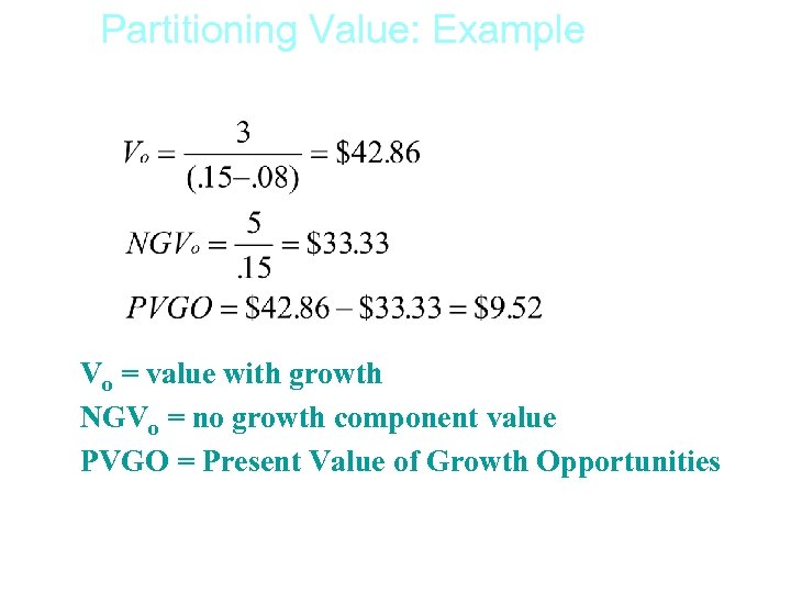 Partitioning Value: Example Vo = value with growth NGVo = no growth component value