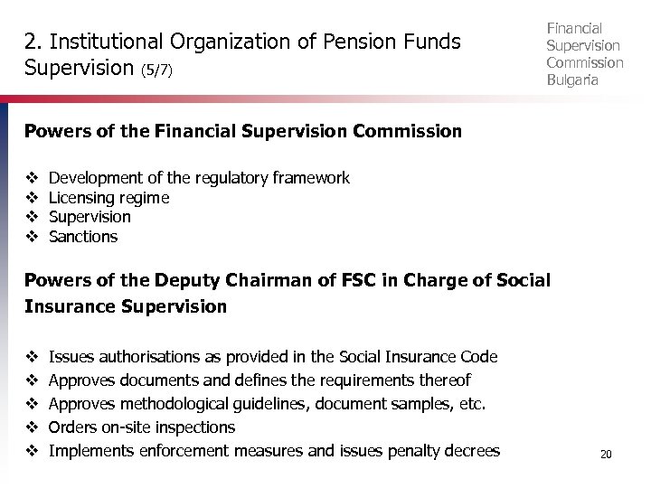 2. Institutional Organization of Pension Funds Supervision (5/7) Financial Supervision Commission Bulgaria Powers of