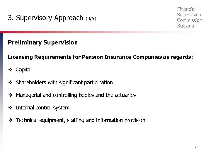 3. Supervisory Approach (3/5) Financial Supervision Commission Bulgaria Preliminary Supervision Licensing Requirements for Pension