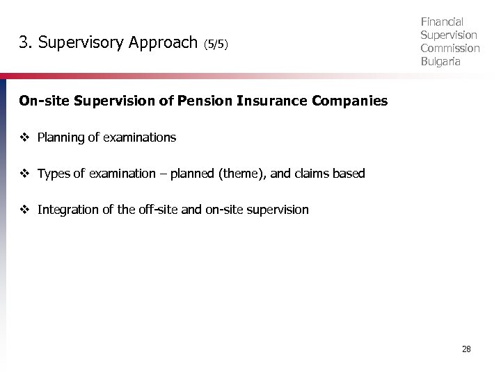 3. Supervisory Approach (5/5) Financial Supervision Commission Bulgaria On-site Supervision of Pension Insurance Companies