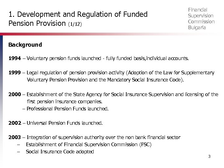 1. Development and Regulation of Funded Pension Provision (1/12) Financial Supervision Commission Bulgaria Background