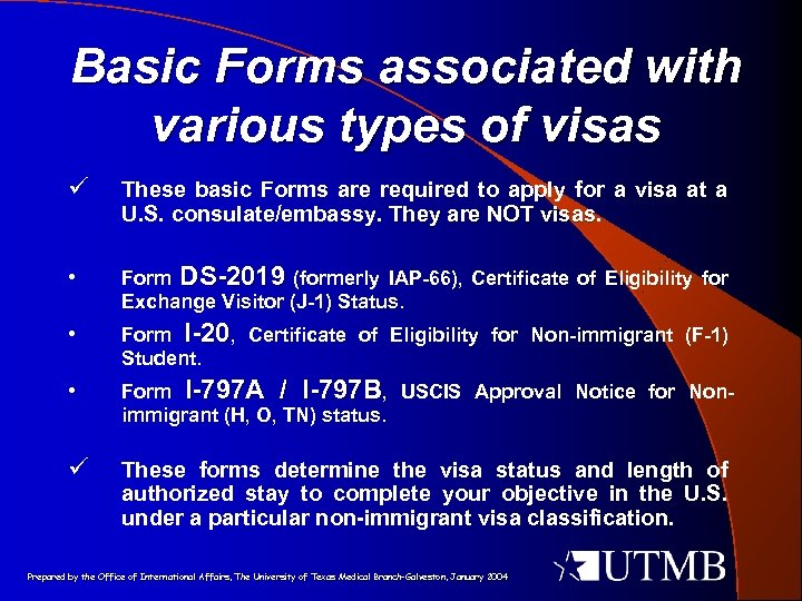 Basic Forms associated with various types of visas ü These basic Forms are required