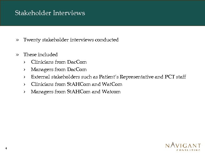 Stakeholder Interviews » » 4 Twenty stakeholder interviews conducted These included › Clinicians from