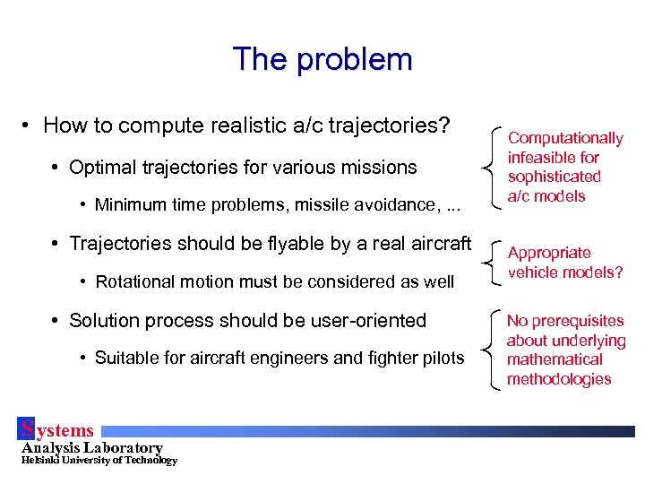 The problem • How to compute realistic a/c trajectories? • Optimal trajectories for various