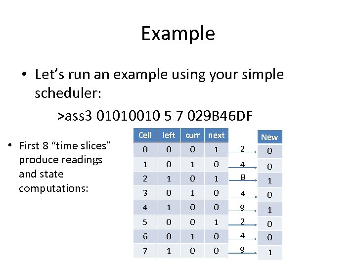 Example • Let’s run an example using your simple scheduler: >ass 3 01010010 5