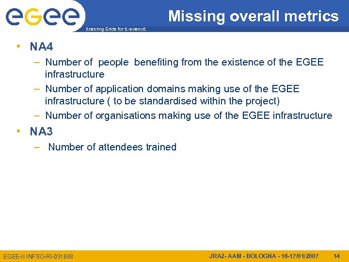 Missing overall metrics Enabling Grids for E-scienc. E • NA 4 – Number of