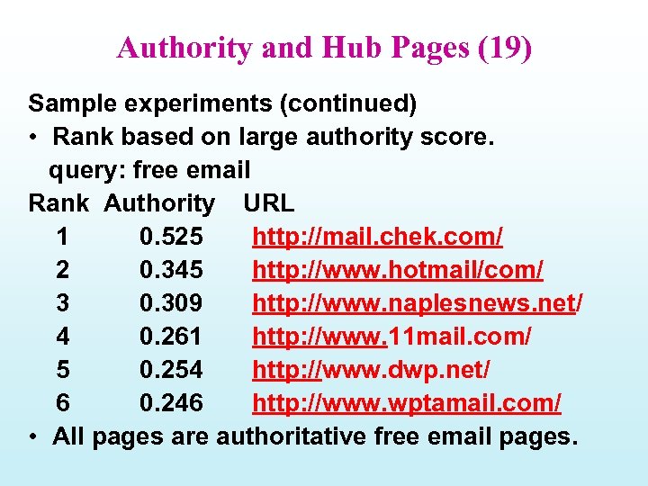 Authority and Hub Pages (19) Sample experiments (continued) • Rank based on large authority