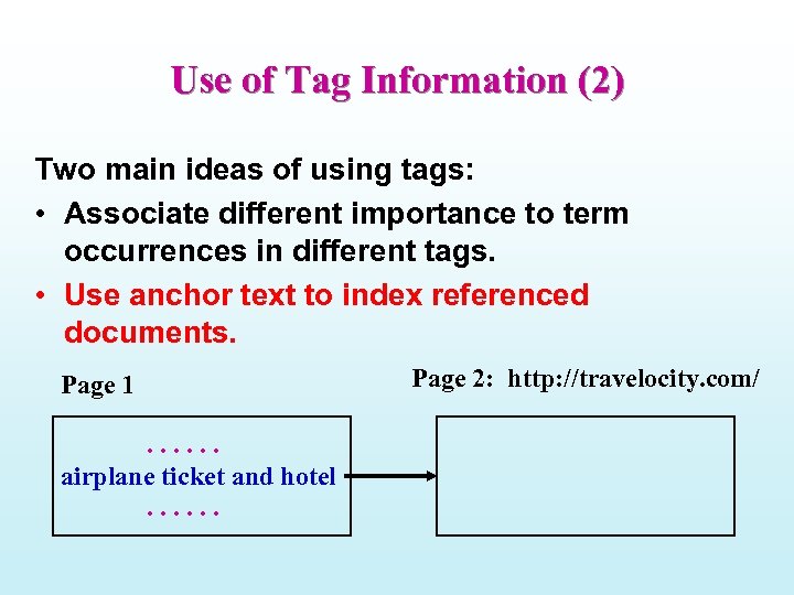 Use of Tag Information (2) Two main ideas of using tags: • Associate different