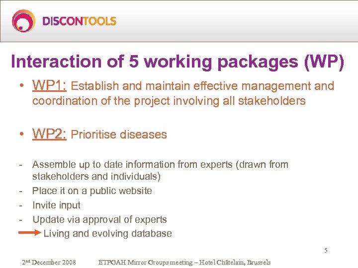 Interaction of 5 working packages (WP) • WP 1: Establish and maintain effective management