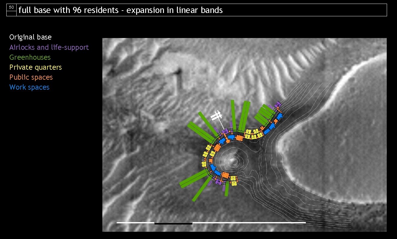 50 full base with 96 residents - expansion in linear bands Original base Airlocks