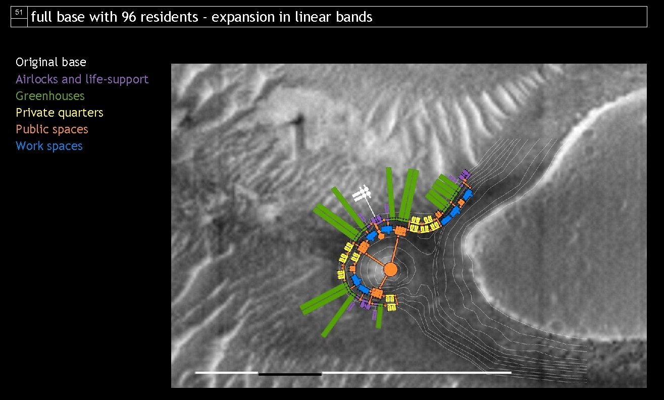 51 full base with 96 residents - expansion in linear bands Original base Airlocks