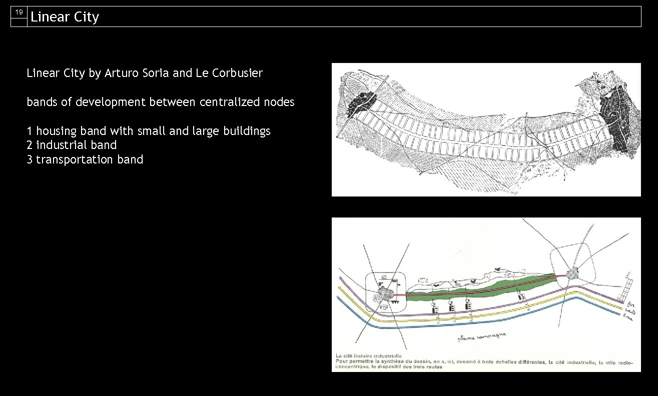 19 Linear City by Arturo Soria and Le Corbusier bands of development between centralized