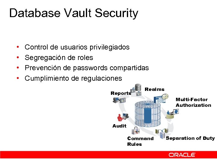 Database Vault Security • • Control de usuarios privilegiados Segregación de roles Prevención de