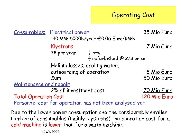 Operating Cost Consumables: Electrical power 140 MW 5000 h/year @0. 05 Euro/KWh Klystrons 78