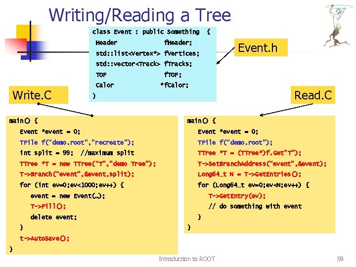 Writing/Reading a Tree class Event : public Something Header { f. Header; Event. h