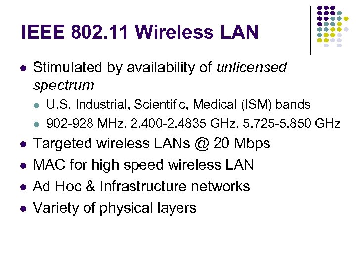 IEEE 802. 11 Wireless LAN Stimulated by availability of unlicensed spectrum U. S. Industrial,