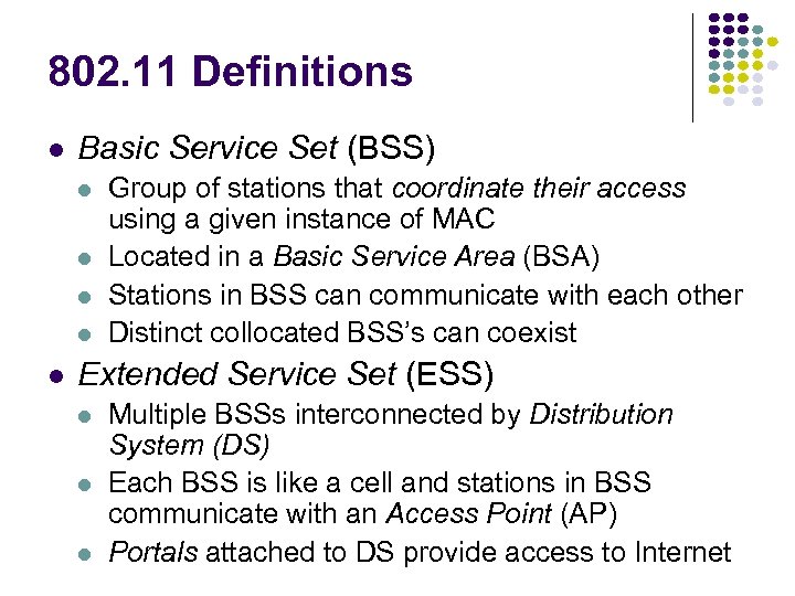 802. 11 Definitions Basic Service Set (BSS) Group of stations that coordinate their access