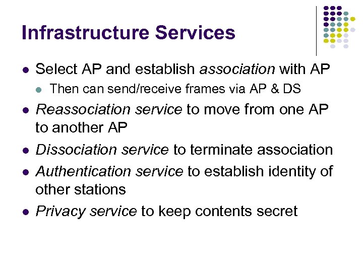 Infrastructure Services Select AP and establish association with AP Then can send/receive frames via