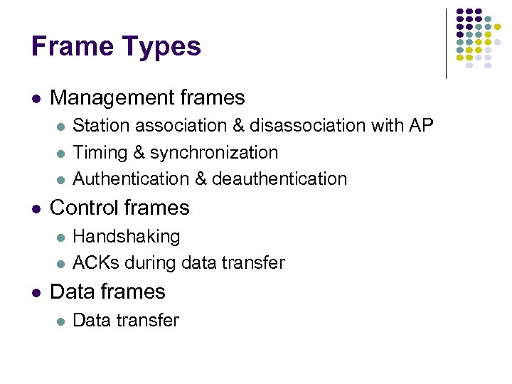 Frame Types Management frames Control frames Station association & disassociation with AP Timing &