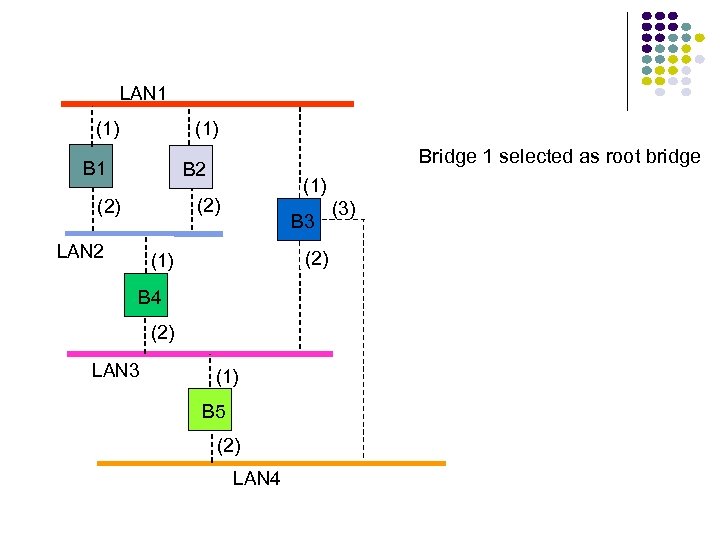 LAN 1 (1) B 1 Bridge 1 selected as root bridge B 2 (1)