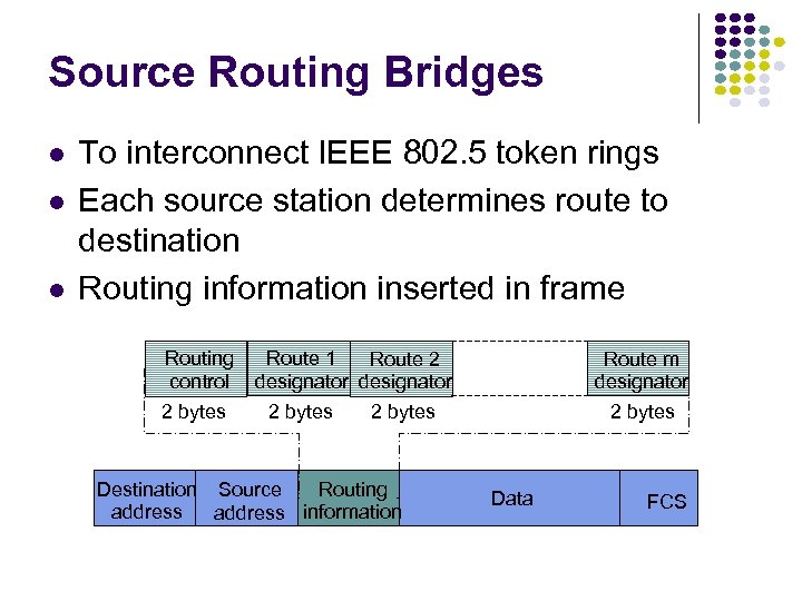 Source Routing Bridges To interconnect IEEE 802. 5 token rings Each source station determines