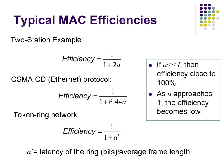 Typical MAC Efficiencies Two-Station Example: CSMA-CD (Ethernet) protocol: Token-ring network If a<<1, then efficiency