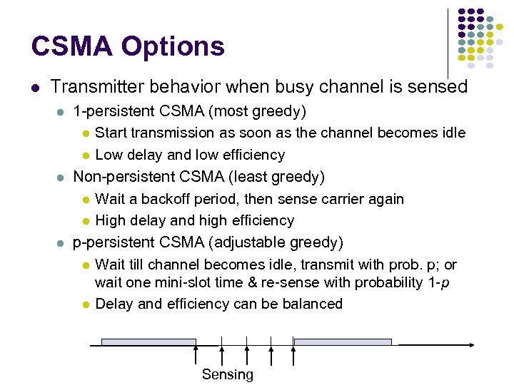 CSMA Options Transmitter behavior when busy channel is sensed 1 -persistent CSMA (most greedy)