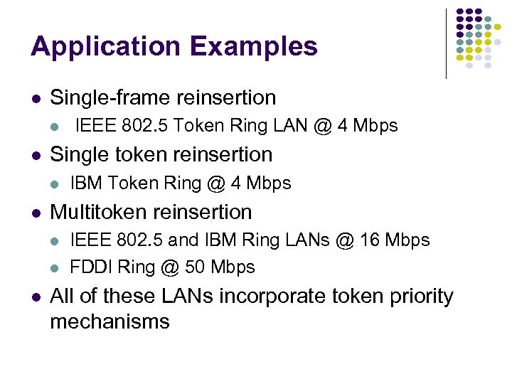 Application Examples Single-frame reinsertion Single token reinsertion IBM Token Ring @ 4 Mbps Multitoken