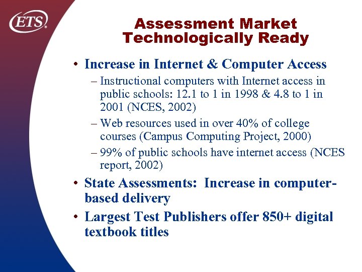 Assessment Market Technologically Ready • Increase in Internet & Computer Access – Instructional computers