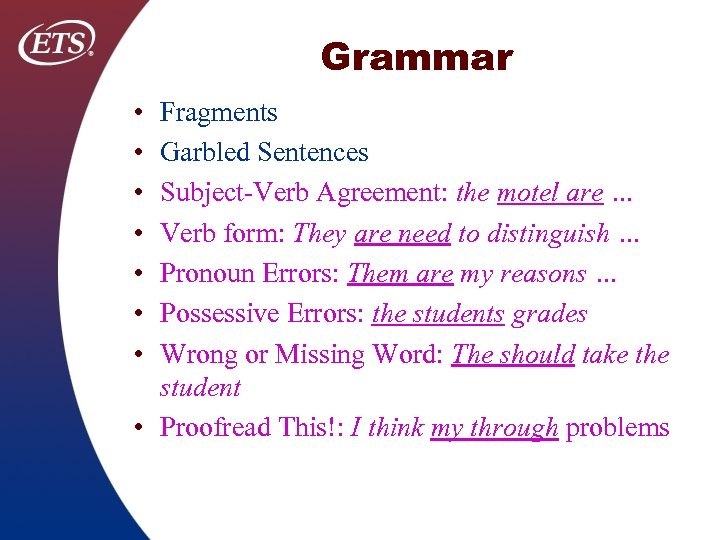 Grammar • • Fragments Garbled Sentences Subject Verb Agreement: the motel are … Verb
