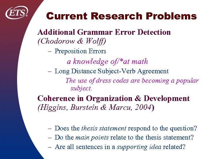 Current Research Problems Additional Grammar Error Detection (Chodorow & Wolff) – Preposition Errors a