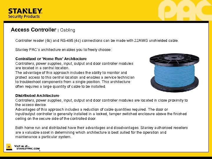 Access Controller | Cabling Controller reader (6 c) and RS-485 (4 c) connections can