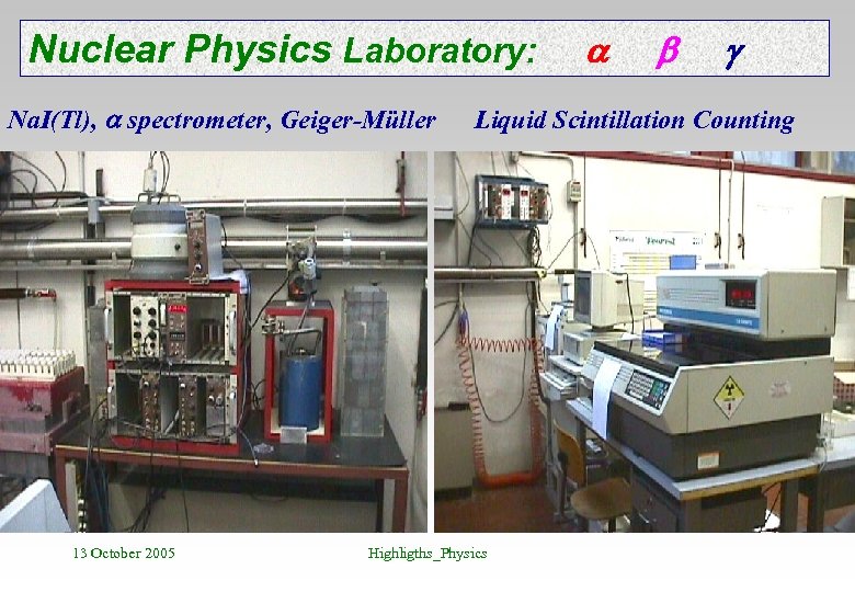 Nuclear Physics Laboratory: Na. I(Tl), spectrometer, Geiger-Müller 13 October 2005 Liquid Scintillation Counting Highligths_Physics
