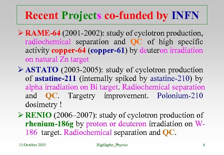 Recent Projects co-funded by INFN Ø RAME-64 (2001 -2002): study of cyclotron production, radiochemical
