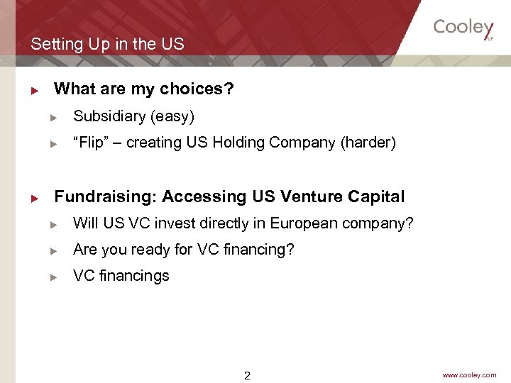 Setting Up in the US u What are my choices? u u u Subsidiary