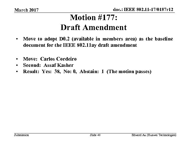 doc. : IEEE 802. 11 -17/0187 r 12 March 2017 Motion #177: Draft Amendment