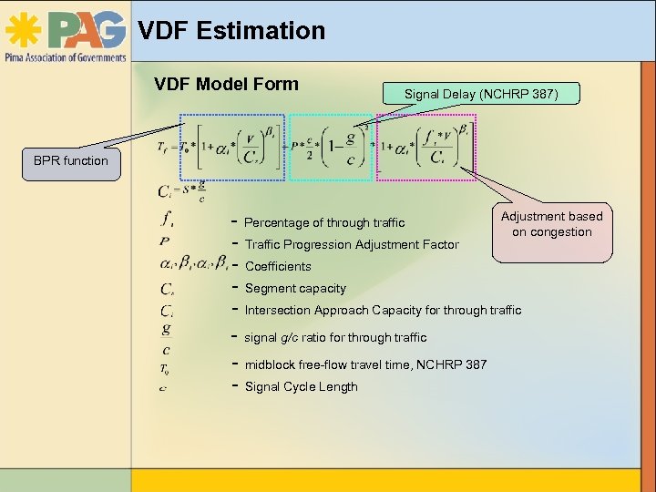 VDF Estimation VDF Model Form Signal Delay (NCHRP 387) BPR function Adjustment based -