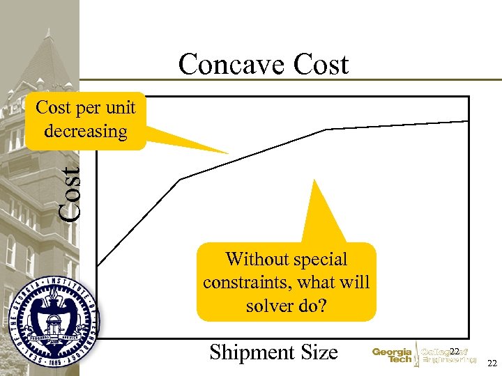 Concave Cost per unit decreasing Without special constraints, what will solver do? Shipment Size