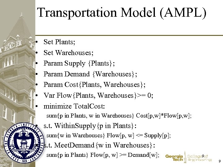 Transportation Model (AMPL) • • Set Plants; Set Warehouses; Param Supply {Plants}; Param Demand