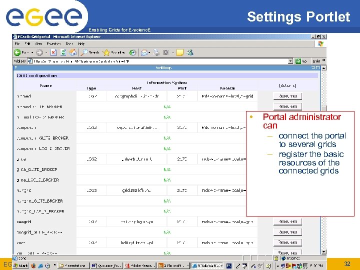 Settings Portlet Enabling Grids for E-scienc. E • Portal administrator can – connect the