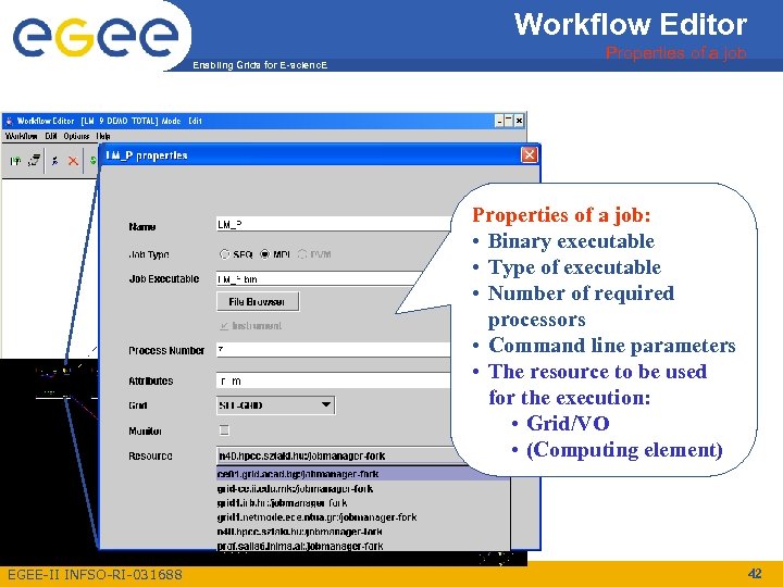 Workflow Editor Enabling Grids for E-scienc. E Properties of a job: • Binary executable