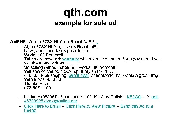 qth. com example for sale ad AMPHF - Alpha 77 SX Hf Amp Beautiful!!!!