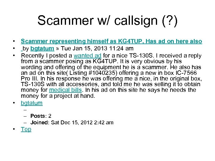 Scammer w/ callsign (? ) • Scammer representing himself as KG 4 TUP, Has