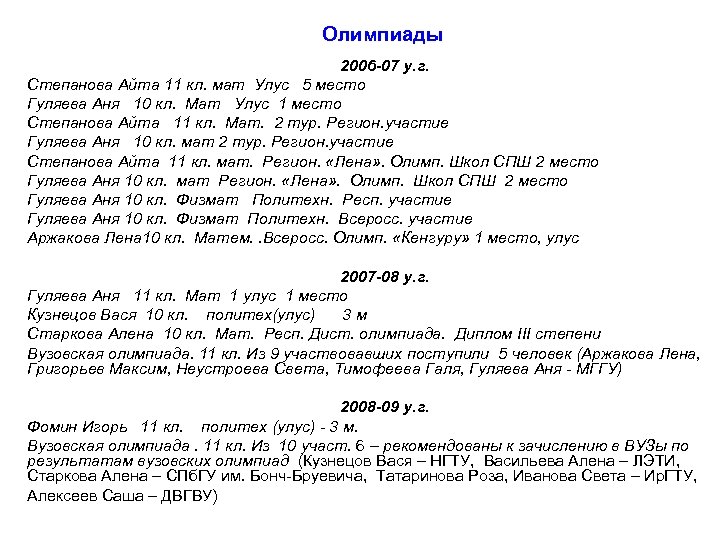 Олимпиады 2006 -07 у. г. Степанова Айта 11 кл. мат Улус 5 место Гуляева