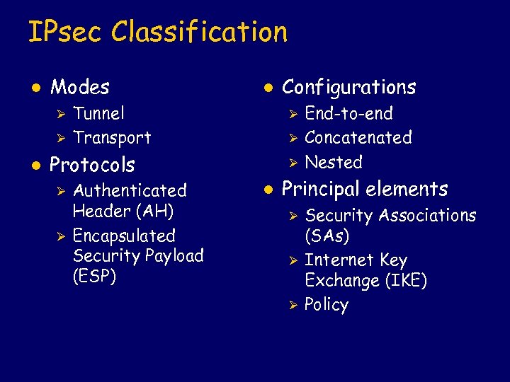 IPsec Classification l Modes Ø Ø l l Tunnel Transport Ø Ø Protocols Ø