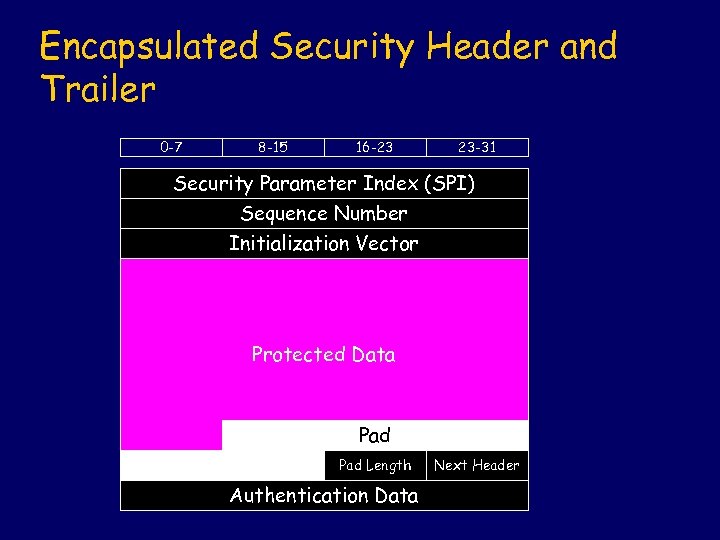 Encapsulated Security Header and Trailer 0 -7 8 -15 16 -23 23 -31 Security